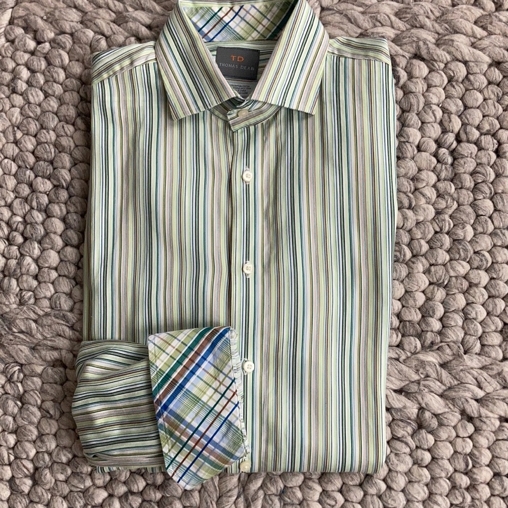 Thomas Dean Green Striped Shirt